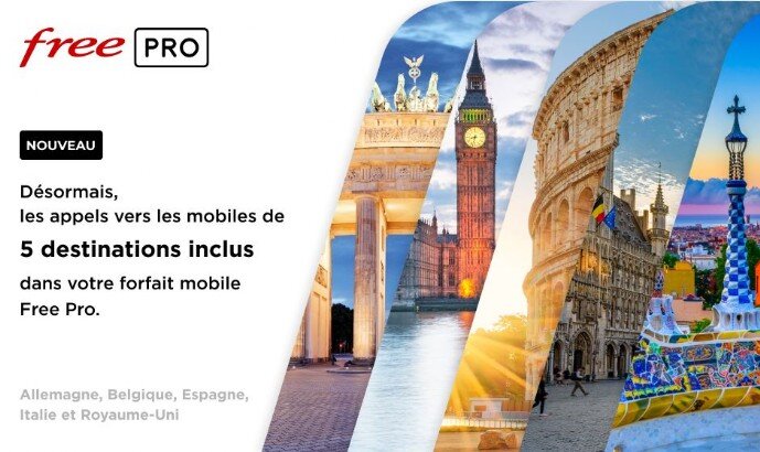 OUVEAUTÉ ! Désormais les appels vers les mobiles de 5 destinations sont inclus dans le forfait mobile Free Pro. 🌍